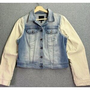 Women’s L Jessica Simpson Denim Jacket Contrast Sleeves Jean Coat Button Front